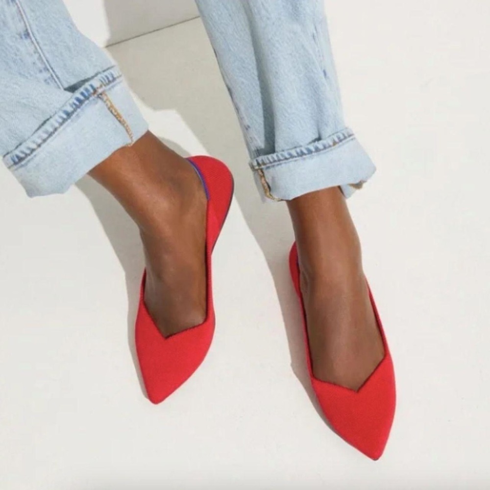Rothy's Red Pointed Slip-On Flats with Blue Trim